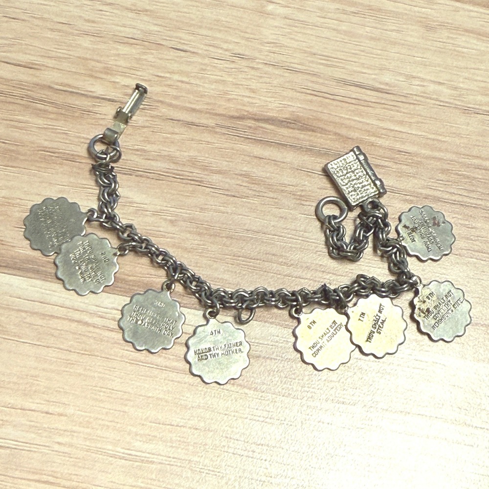 Vintage Ten Commandments Bible Charm Bracelet Silver Tone Religious 7 Inch